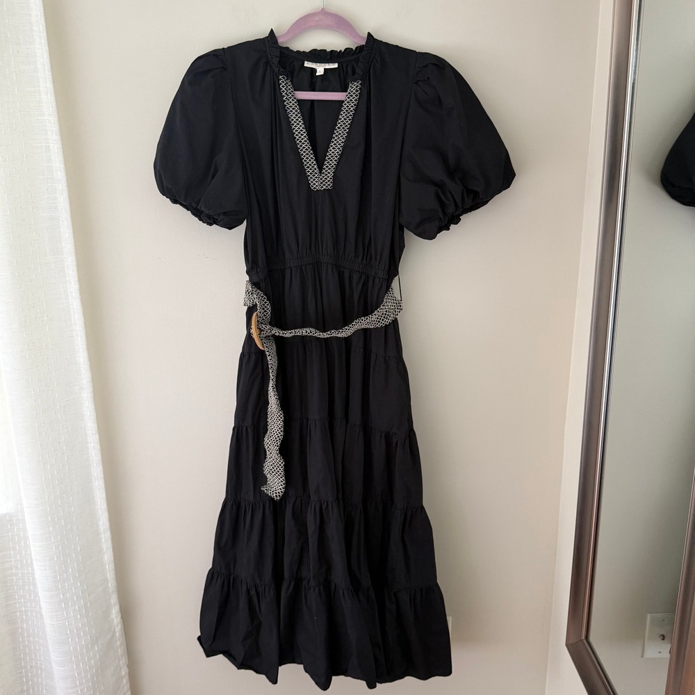 Laroque Original Black Cotton Tiered Midi Dress Puff Sleeve Belted Womens Size L